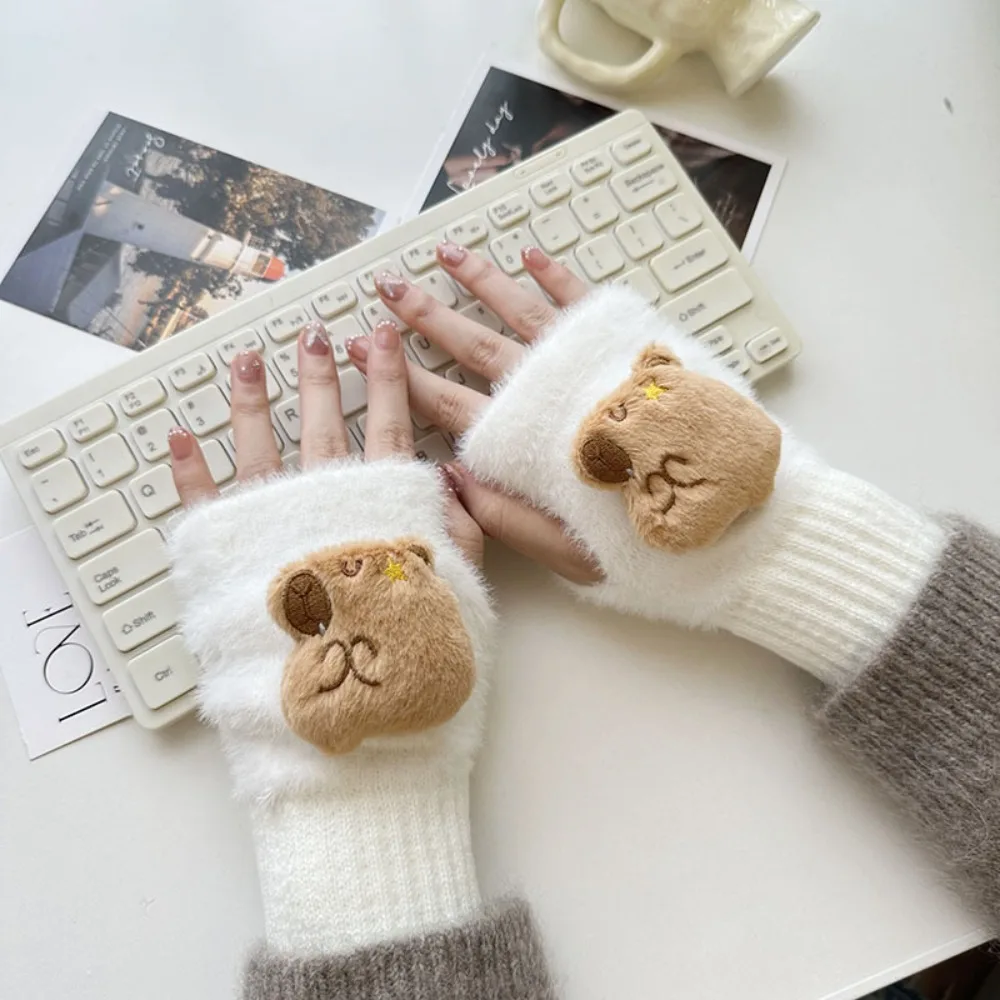 

Half Finger Capybara Knitted Gloves Solid Color Touch Screen Winter Velvet Gloves Keep Warm Fingerless Women Mittens Ladies