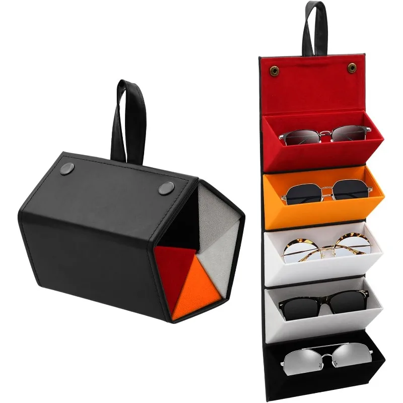 Travel Sunglasses Organizer, Sunglass Travel Case for Multiple Pairs, Foldable Hanging Eyeglass Storage with 5 Slots