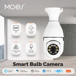 MOES-cámara de seguridad inteligente Tuya, WiFi, 3MP, bombilla con enchufe E27, seguimiento humano, visión nocturna a todo Color para interiores