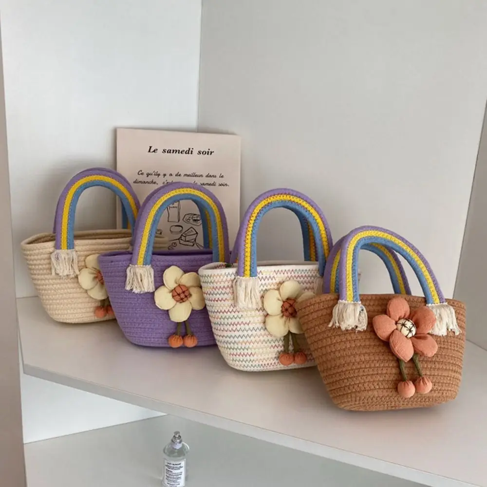 

Bohemian Rainbows Handle Large Capacity Beach Bag Stereoscopic Flower Korean Bag Shoulder Bag Woven Rope Bag Women Handbag