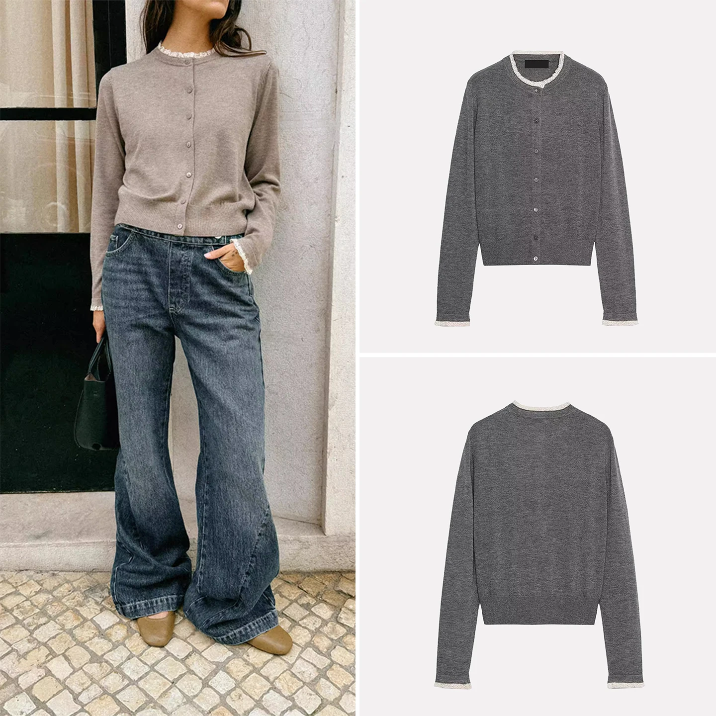 

Z Women's Faion Knitted Coat Long Sve round Ne Lace Trim 2025 New Sle Loose Fit Daily Wear Button up Cardigan