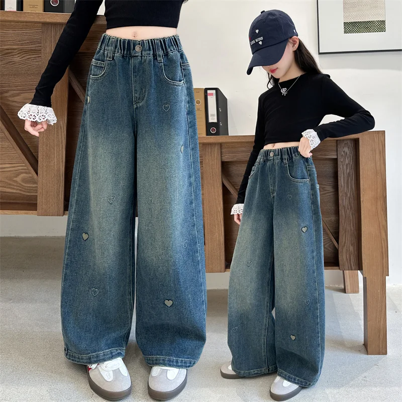 

New Stylish Kids Children Spring Autumn Straight Leg Jeans with Hearts for Teenager Girl Casual Denim Pants Age 5 7 9 11 13 14 Y