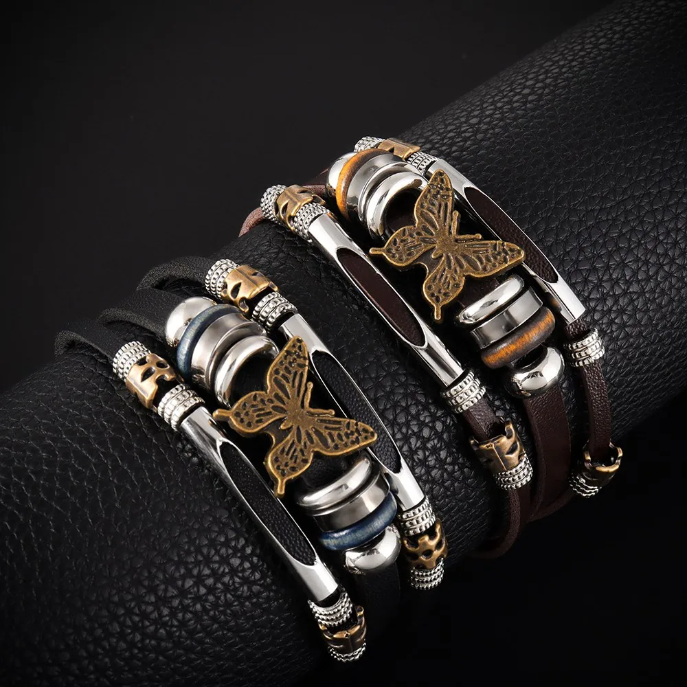 Alloy Butterfly Design Multilayer Handmade Wove Leather Bracelet Vintage Women Casual Fashion Hand Chian Jewelry Accessory Gift