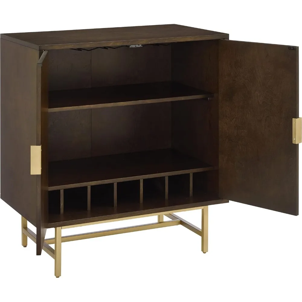 ตู้บาร์ Blair พร้อมชั้นเก็บของและชั้นวางไวน์ สีน้ําตาลเข้ม/ทอง