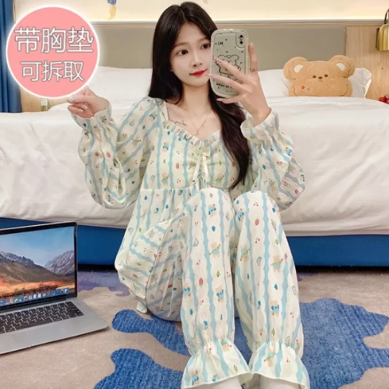 5XL Large Size Sweet Spring Women Home Suit with Cheat Pad Korean Cartoon Cute Pajamas Set Long Sleeve Trouser Loose Nightwear