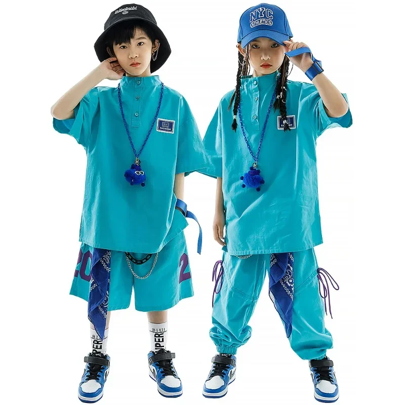 Kinder Street Dance Kinder Hip Hop Kleidung Mädchen Jungen Blau Kurzen Ärmeln T-shirt Hosen Casual Rave Kleidung Lose Praxis Tragen
