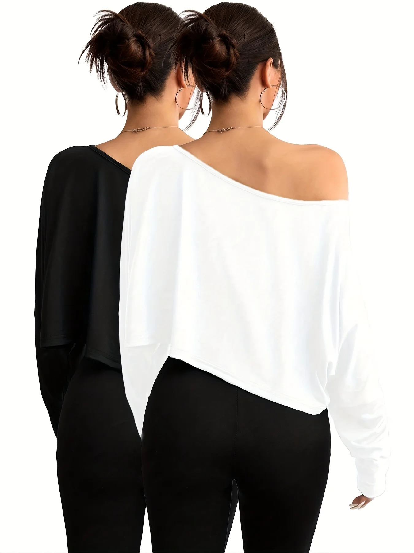 Plus Size 1XL-5XL Women's Fashion Off Shoulder Asymmetric Collar Long Sleeve Casual T-shirt Two Piece Set