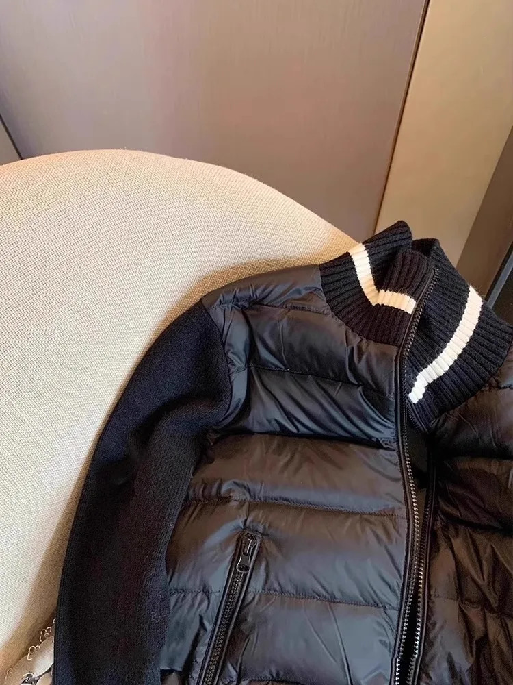 Chaqueta de algodón para mujer, abrigos de manga larga tejidos con empalme de contraste de Color para otoño e invierno, ropa de abrigo ligera con cuello levantado