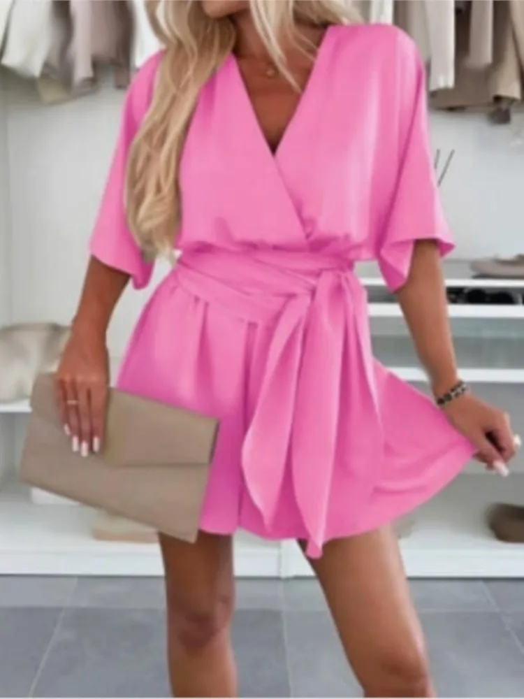 سيدة الصلبة السراويل بذلة أزياء قصيرة الأكمام الخامس الرقبة عالية الخصر الدانتيل متابعة حللا للنساء عطلة مكتب شارع العليا الملابس