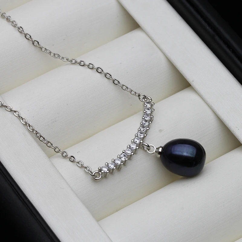 

Trend Natural Freshwater Pearl Pendant for Women,925 Silver Ladies Zircon Pearl Necklace Girls Wife Christmas Gift White Black