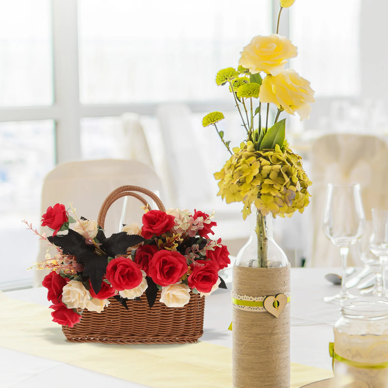 

Sturdy Lightweight Woven Plastic Picnic Basket with Comfort Handle for Road Trips Outdoor Dining Home Office Decoration Fruit