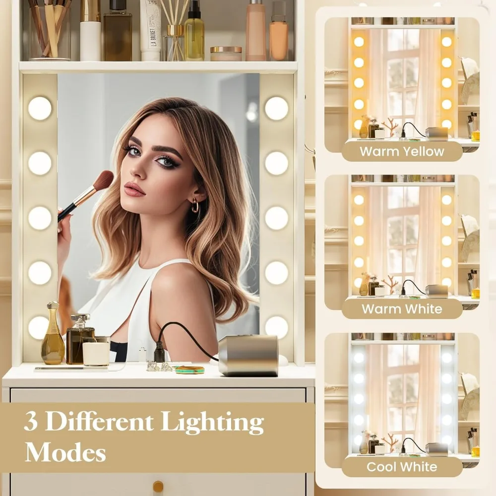 مكتب مكياج مدمج مع مقعد مبطن، ومرآة مضاءة بثلاثة ألوان، وتخزين مخفي للمساحات الصغيرة #5