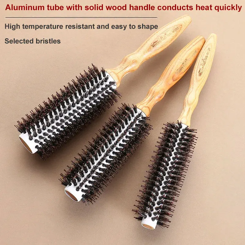 Portable Wood Handle Natural Boar Bristle Hair Brush Rolling Comb Straight hair curls Beauty Salon Hairdressing Barber Tools