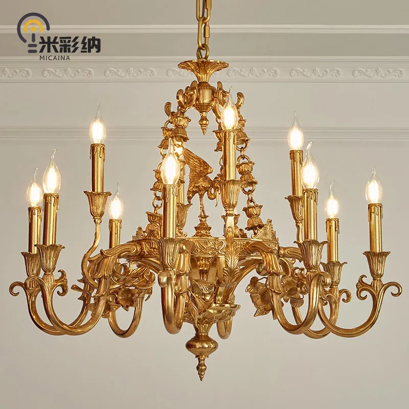 French Style All Brass Chandelier, Luxury Grand Vintage Rustic European Pure Copper Lighting for Villa