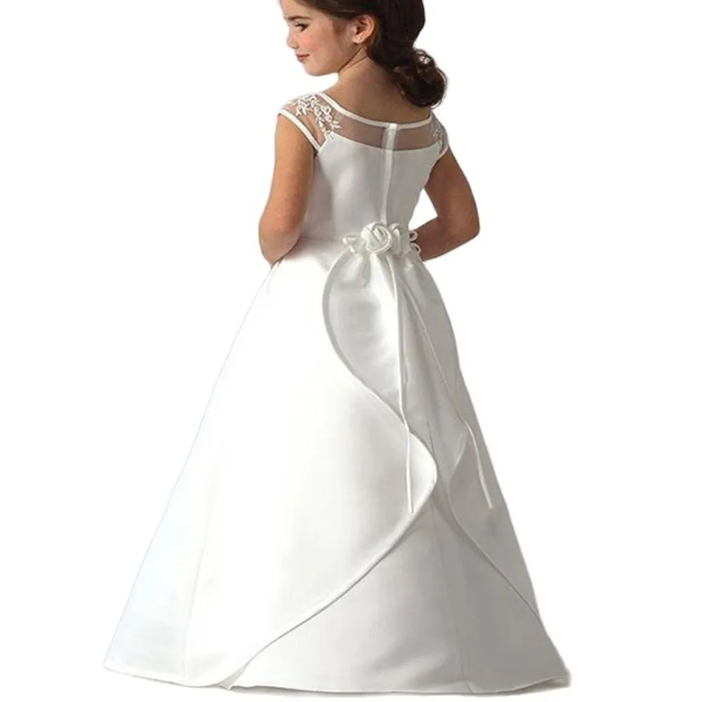 Hot Sale Elegant satin Flower Girl Dresses Appliques Long Princess Party Pageant First Communion Dresses