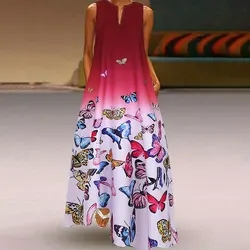 Women'S Elegant Dress Fashion Butterfly Print Sleeveless Dress Summer Casual V-Neck Vest Pocket Dress Hawaiian Vacation Dress