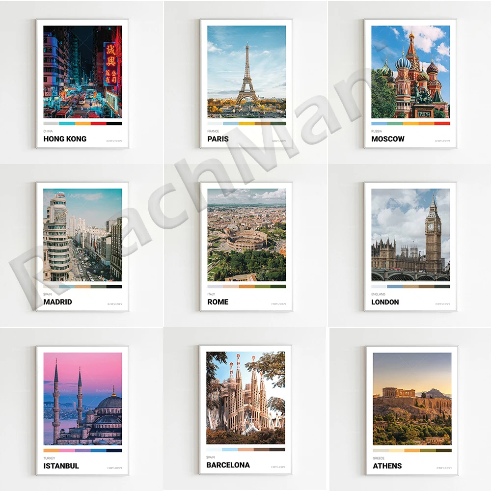 Barcelona, ​​Spain, Paris, London, Rome, Berlin, Germany, Acropolis, Moscow, Istanbul, Spain scenic travel art posters