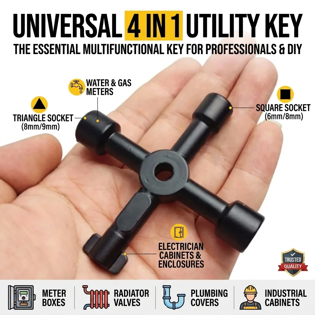 Universal Cross Key Wrench 4 In 1 Multifunctional Square Triangle Utility Key For Electrician Plumber Cabinet Meter Box