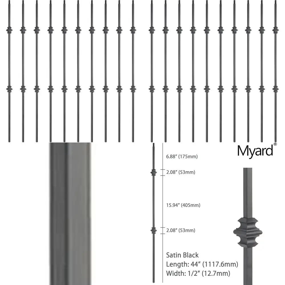 Half-Inch Square Forged Iron Stair Balusters, 44 10-Pack, Satin Black for Deck Railing and Staircase Balustrade