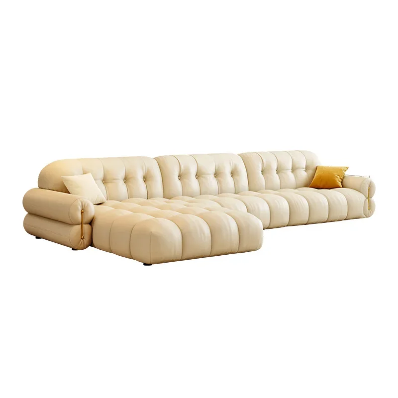 

French cream style, living room leather sofa, light luxury princess, genuine leather sofa