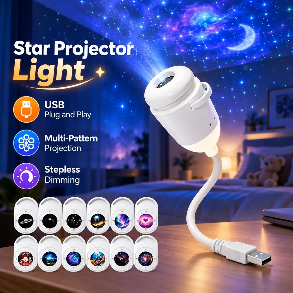 USB Star Projector Light Flexible Gooseneck Galaxy Night Light 3/12/24 Patterns Starry Sky Projection Lamp for Bedroom Kids Room