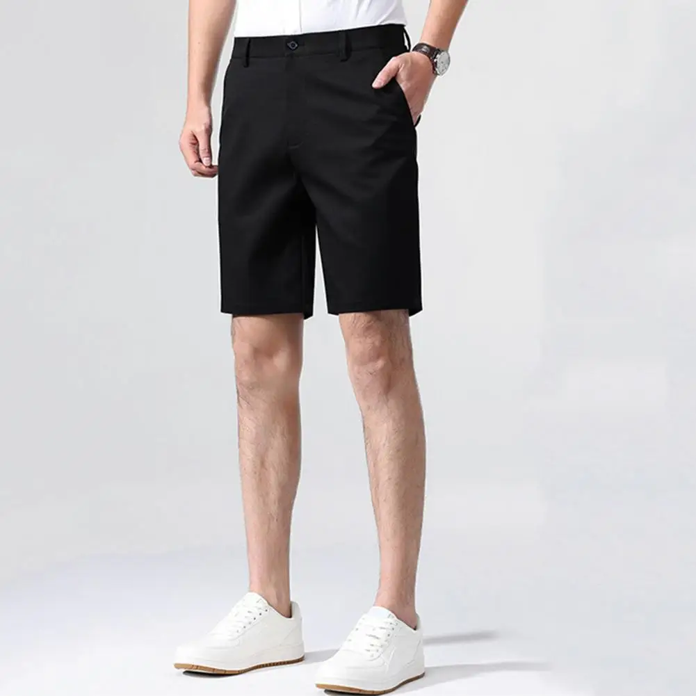 Regular Fit Men Shorts Men's Solid Color Casual Suit Shorts with Pockets Elastic Waistband Breathable Fabric for Daily Wear Golf