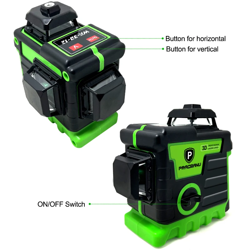 Pracmanu Laser Level 12 Lines 3D Laser Level Self-Leveling Horizontal and Vertical Cross Super Powerful Green Beams