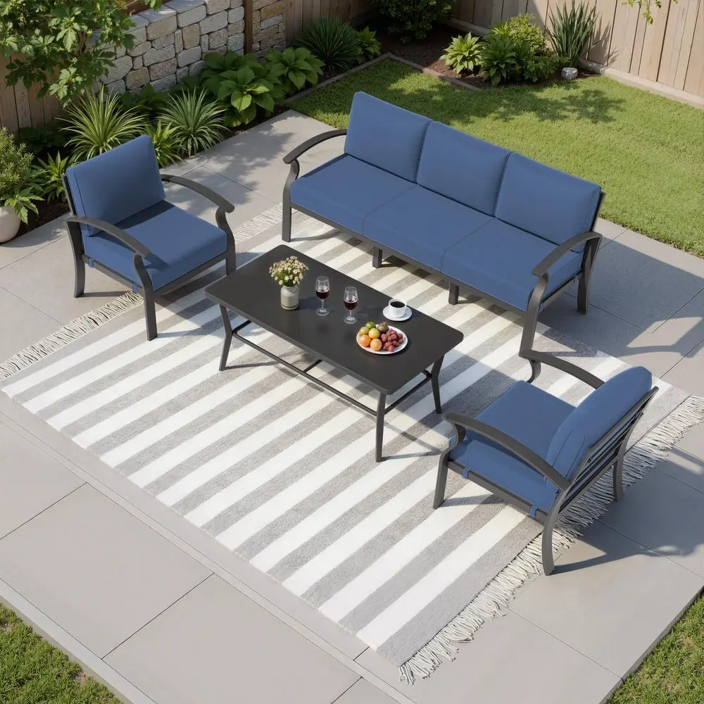 

Aluminum Patio Furniture Set,4 Piece Modern Metal Outdoor Patio Furniture w 5.1 Thick Cushion and Rectangular Coffee Table,Pati