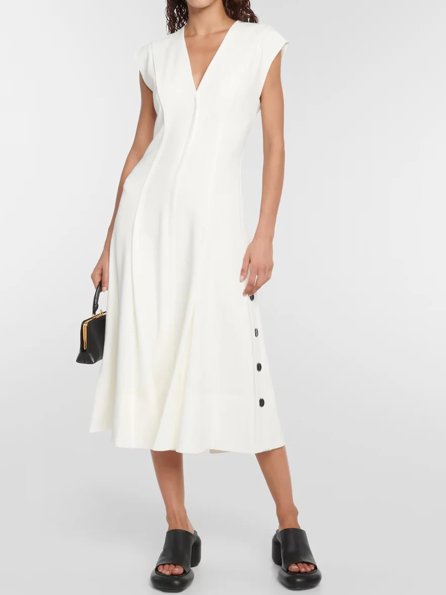 

Side Buttons Women White or Black Midi Dress V-Neck Sleeveless High Waist Elegant Slim Robe