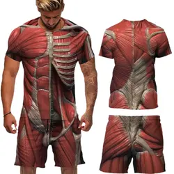 Summer Casual Men's Human Muscle Set Fashion Personality 3D Print Funny Fake Muscle pattern T-Shirt+Shorts Set Street Trend Suit