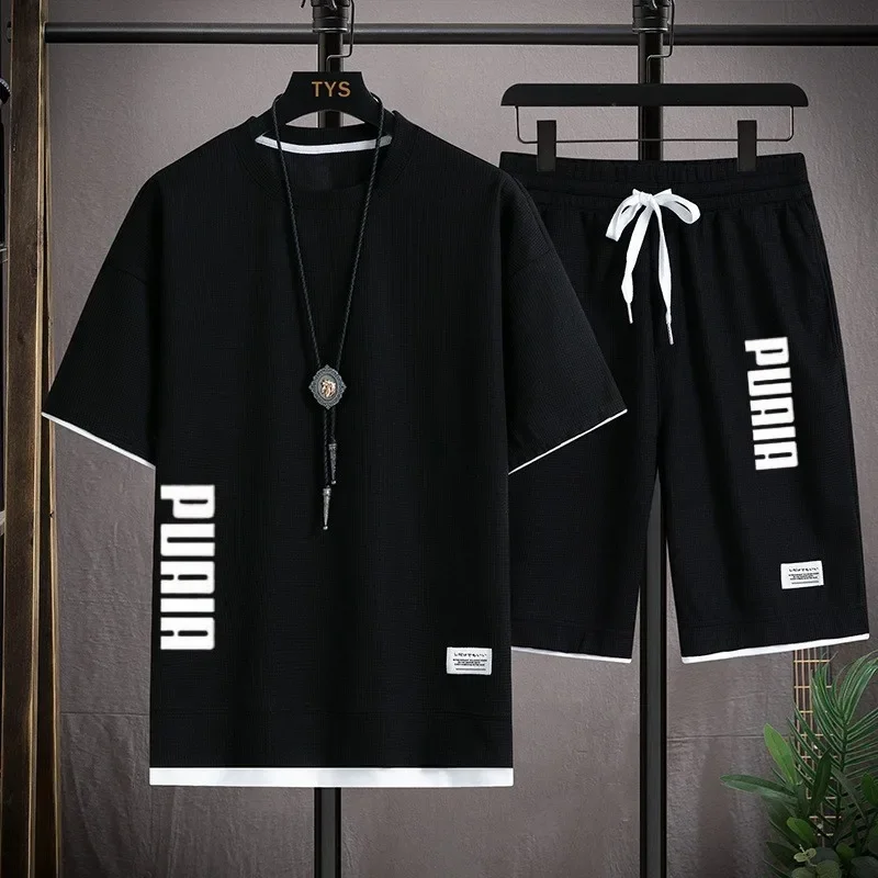 

2026 New Men's T-shirt and Shorts Set 2-in-1 Summer Breathable Casual T-shirt Running Fashion Element Printed Men's Sports Set