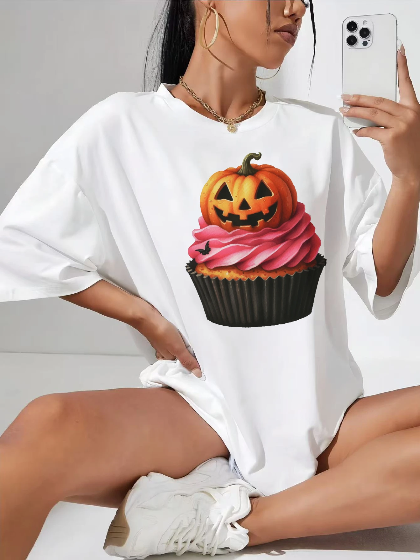 

Pink-Halloween-Clipart-Cute-Halloween Белая удобная футболка для беременных, свободная посадка, регулируемый рюшами и круглым вырезом