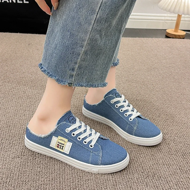 Blue Denim Women\'s Slippers 2024 Summer New Canvas Shoes Fashion Low Upper Lace Up Casual Sneakers Women Zapatos De Mujer