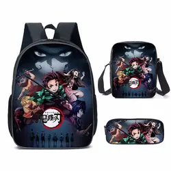 New Demon Slayer Anime Backpack Kamado Tanjirou Student School Bags Kimetsu No Yaiba Bags Girls Boys Three-Pieces Notebook Bag