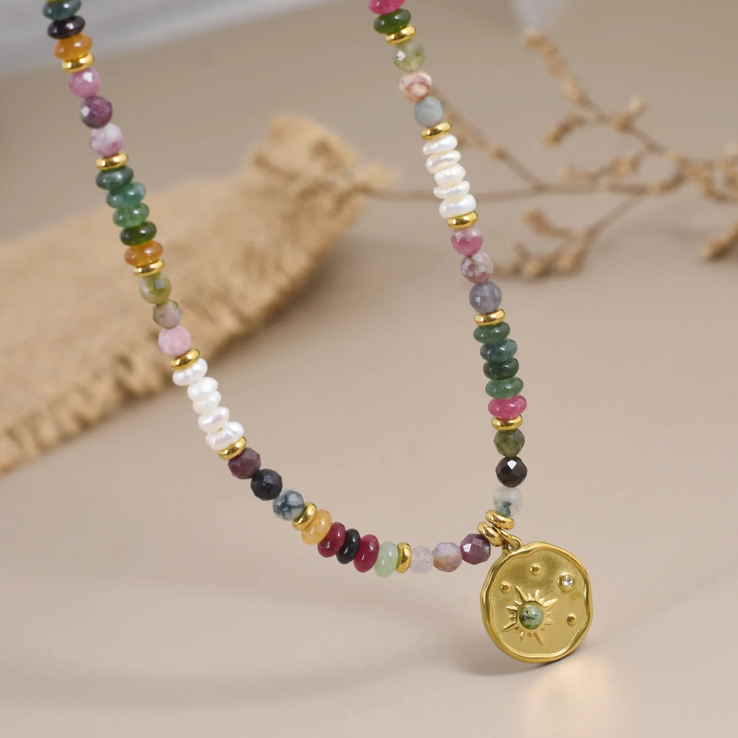 Age-reducing Natural Stone Splicing Beaded Necklace High-end Sweater Chain Retro Tourmaline Daily Commuting Accessory for Women