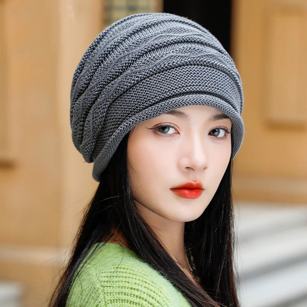 Casual Solid Color Knitted Hat Oversized Warm Cuffed Cap Soft Baggy Ski Caps Unisex