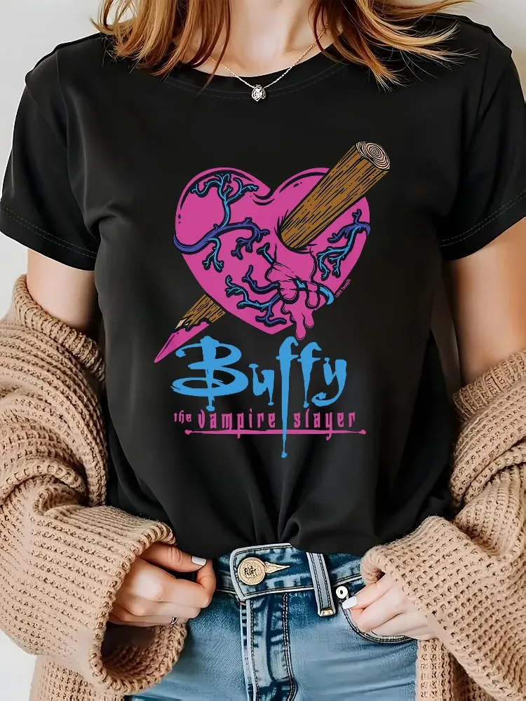 Heart-Shaped Mountain and Pencil Pattern T-Shirt Women's Casual Short-Sleeve Crew Neck Top Spring Summer and Fall Women's Wear