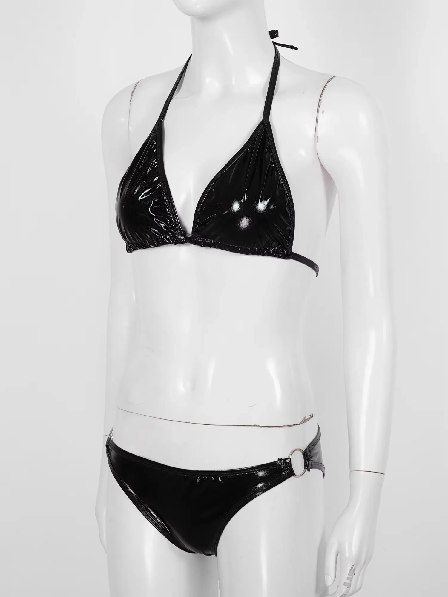 Womens Micro Bikini Set Shiny Metallic Bra Top with Thong 2 Piece Lingerie Set Extreme Swimwear Swimsuit Sexy Bathing Suit