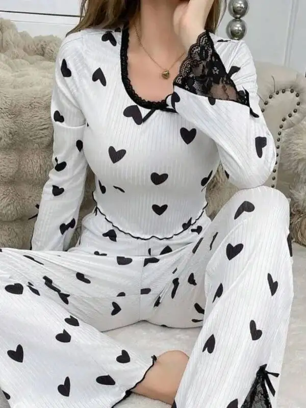 Hot Selling Homewear Lace Heart Round Neck Lace Long Sleeve Pajamas For Women Wearable Outside Long Pants Two-Piece Sets YUEI