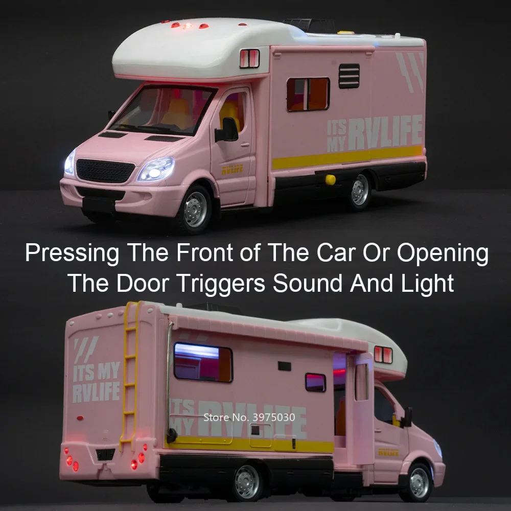 1/32 Scale Touring Car Toy Model Alloy Diecast Pull Back Camping RV Vehicle with Sound Light Motor Home for Kids Children Gift