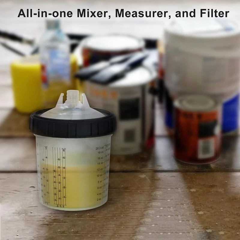 AT51-Paint Sprayer Mixing Cup, 20 Ounce (600Ml) Kit With 55 Cups And Lids System, 1 Hard Cup With Retainer Ring And 10 Plugs