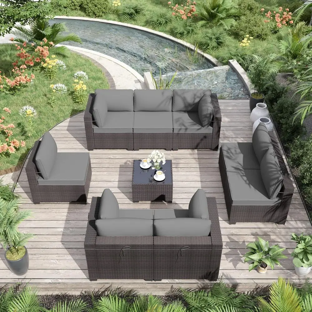 

9-Piece Grey Wicker Outdoor Patio Furniture Set with 4 Sofas, Sectional, Coffee Table, and Washable Cushions