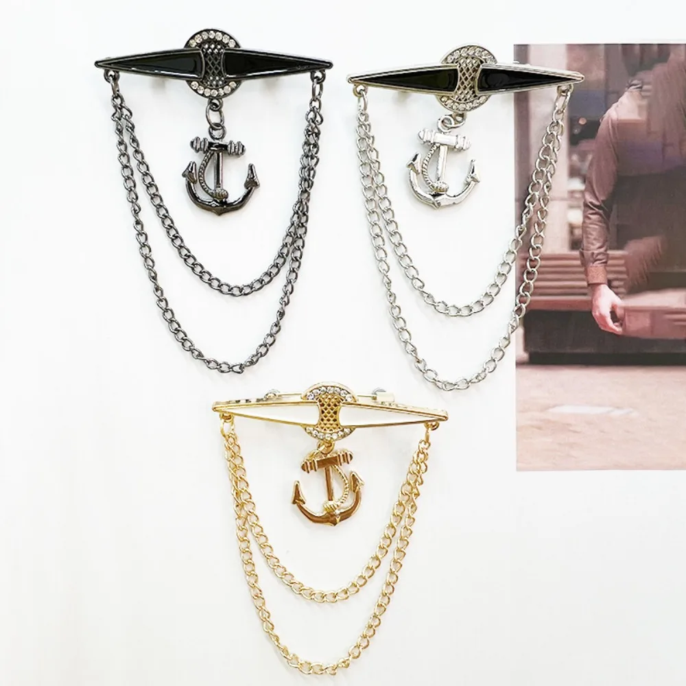 Anchor Alloy Rhinestone Brooch Pin British Style Suit Elegant Tassel Chain Lapel Pins for Men Women Fashion Jewelry Accessories