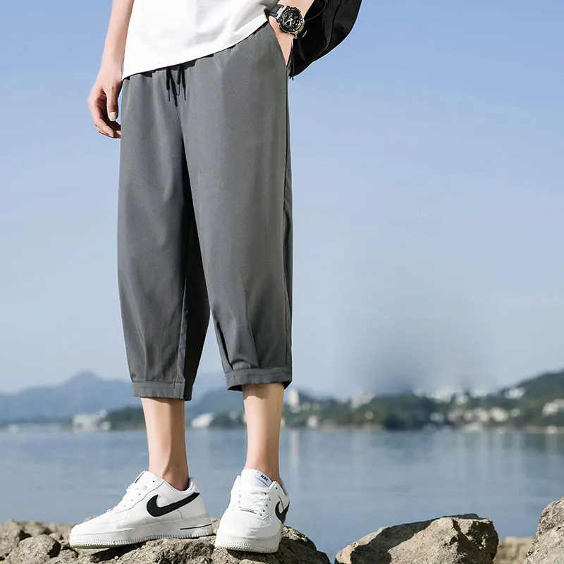 Cropped Pants Men's Shorts Summer Ice Silk Trendy Straight Large Size Sports Casual Eight-point Medium Pants