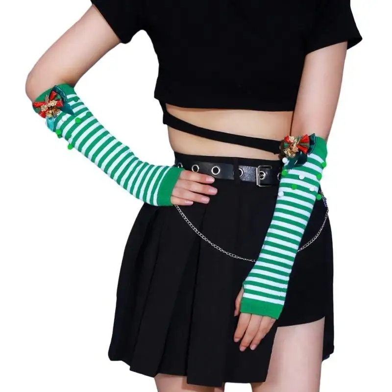 652F Knit Thumb Hole Gloves+Knee Socks Winter Half Finger Mitten Thicken Keep Warm Christmas Lengthen Calf Sock for Girls