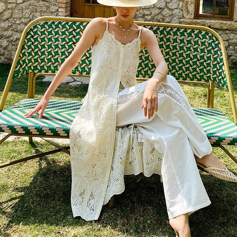 

French Summer Sleeveless Suspender Dress For Women Hollow Out Embroidery Bohemian Beach Dress Seaside Holiday Dress