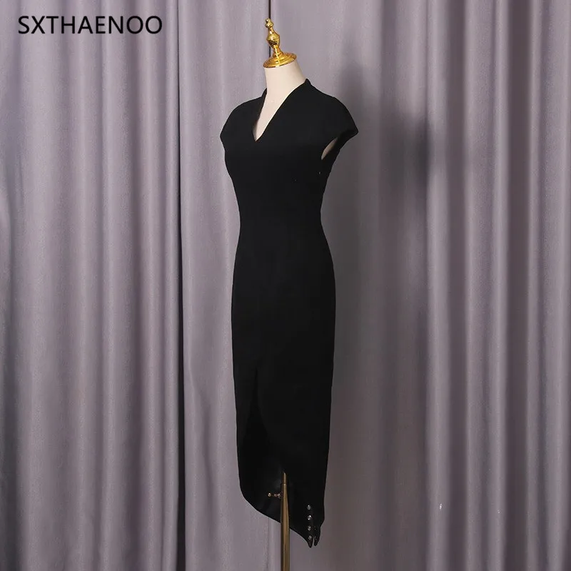 เดรสยาวแฟชั่นทรงสลิมแบบต่อผ้า สายเดี่ยว คอวี แขนสั้น ทรงทูนิค ผ่าข้าง สไตล์วินเทจ สำหรับผู้หญิง