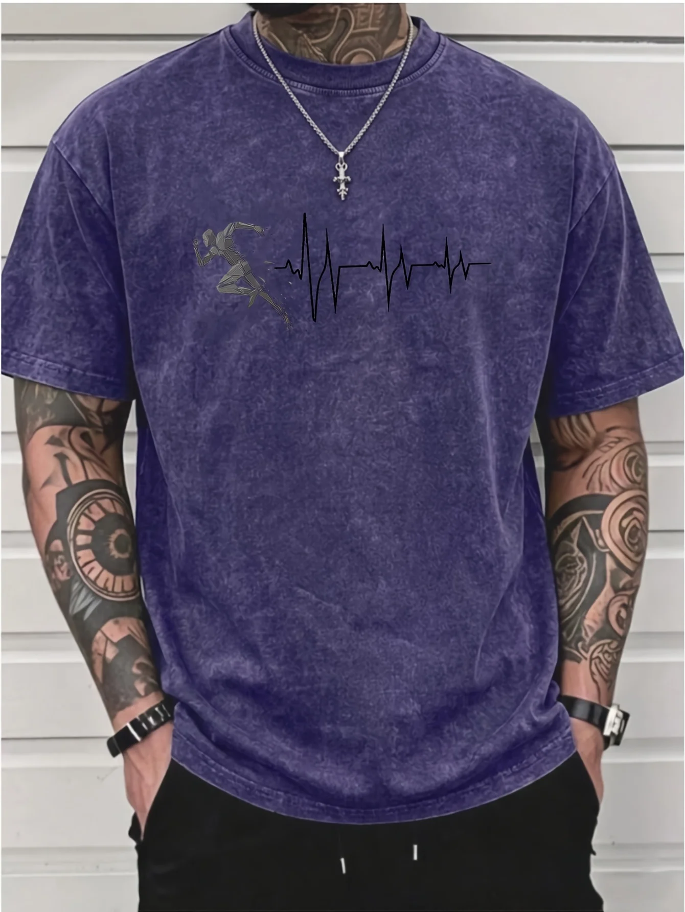 Men Vintage Washed Short Sleeve T Shirt Runner ECG Creative Print 100% Cotton Loose Breathable Casual Streetwear Summer S-3XL