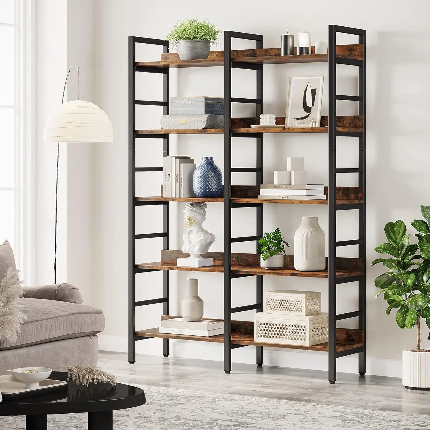 5-Tier Industrial Bookshelf, 71”H x 47”W  Bookcase, Freestanding Double Wide Book Shelf for Storage and Displa