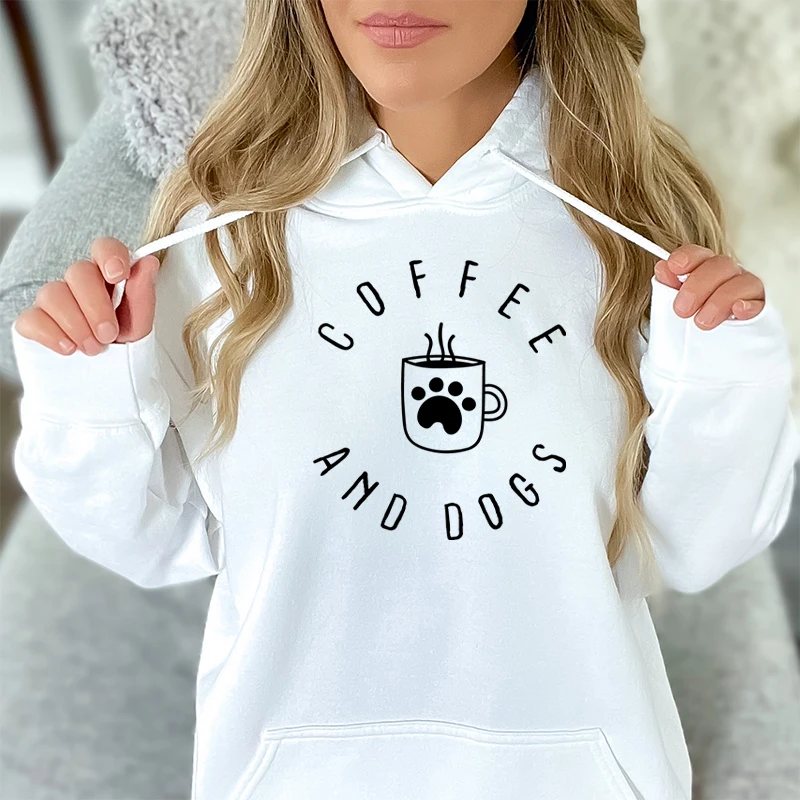 Coffee And Dogs Print Hoodies Fashion Women Hoodies Casual Pullover Coffee Lover Hoodies Long Sleeves Tops Love Dogs Sweatshirt